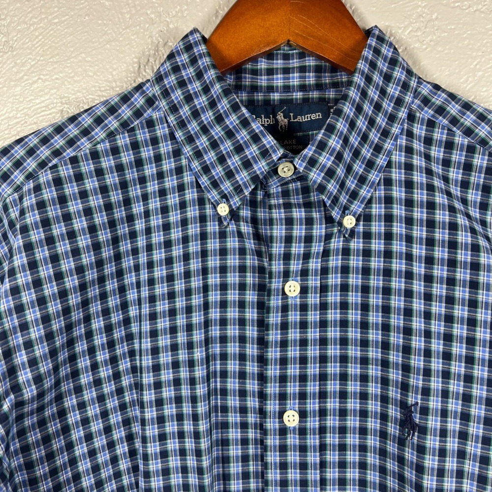 Ralph Lauren Blake Mens Large Blue Plaid Cotton Button Down Shirt Long Sleeve
